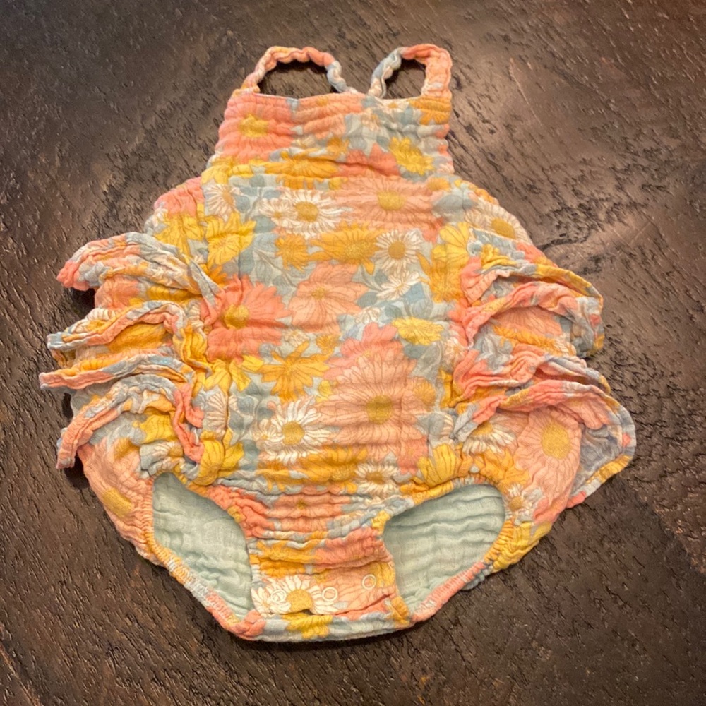 Angel Dear Floral Ruffle Sunsuit 12-18M soft and like new.